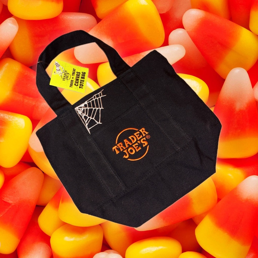 Hand-Embroidered Black Trader Joe's Halloween Tote Bag 🕸️🎃👻